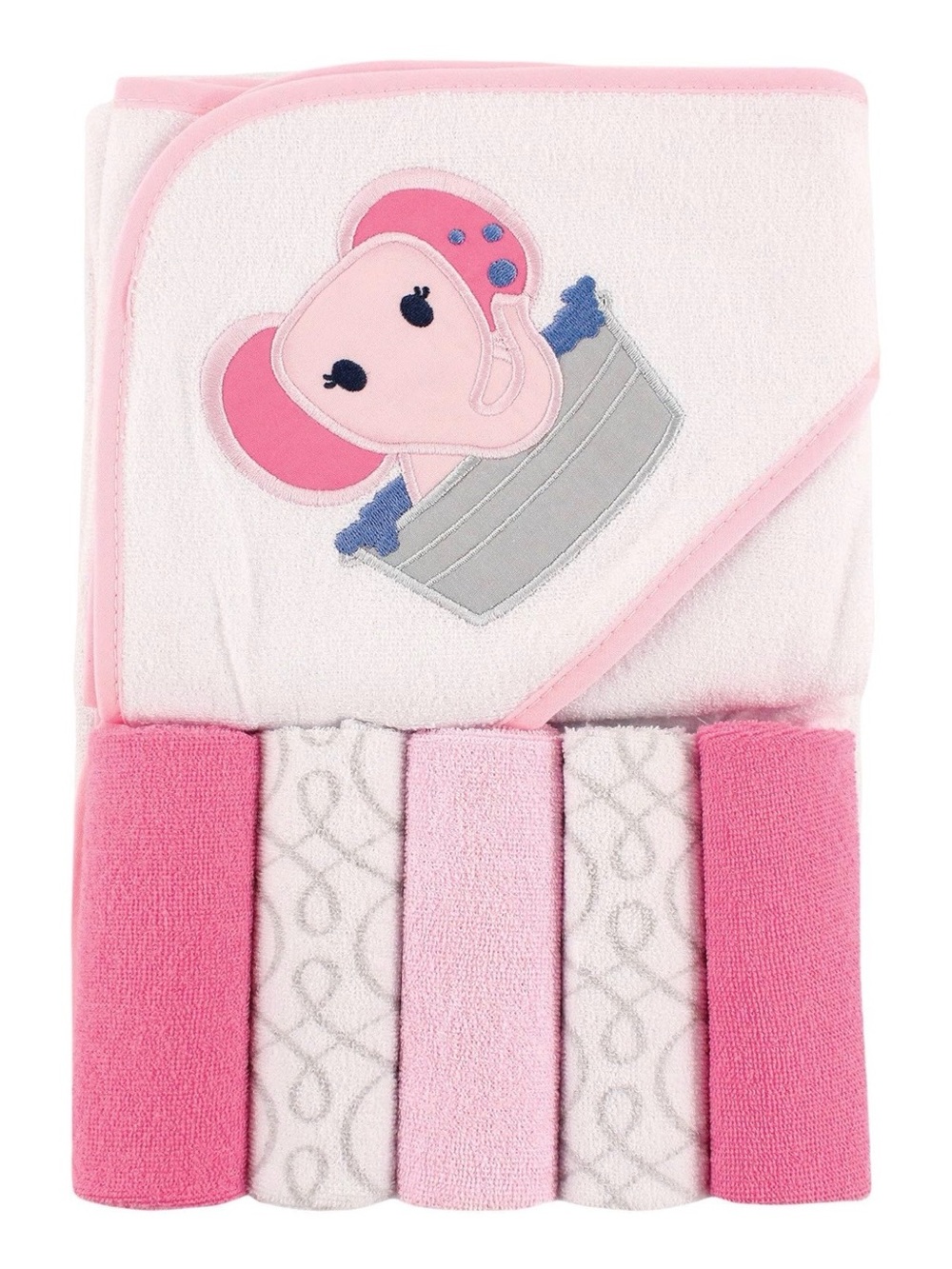 Luvable Friends Pink and White Hooded Towel & Washcloth Set - Elephant Applique